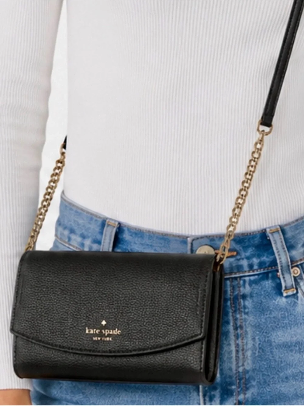 KATE SPADE NY Eva Crossbody Wallet on a Chain Black Pebbled Leather
